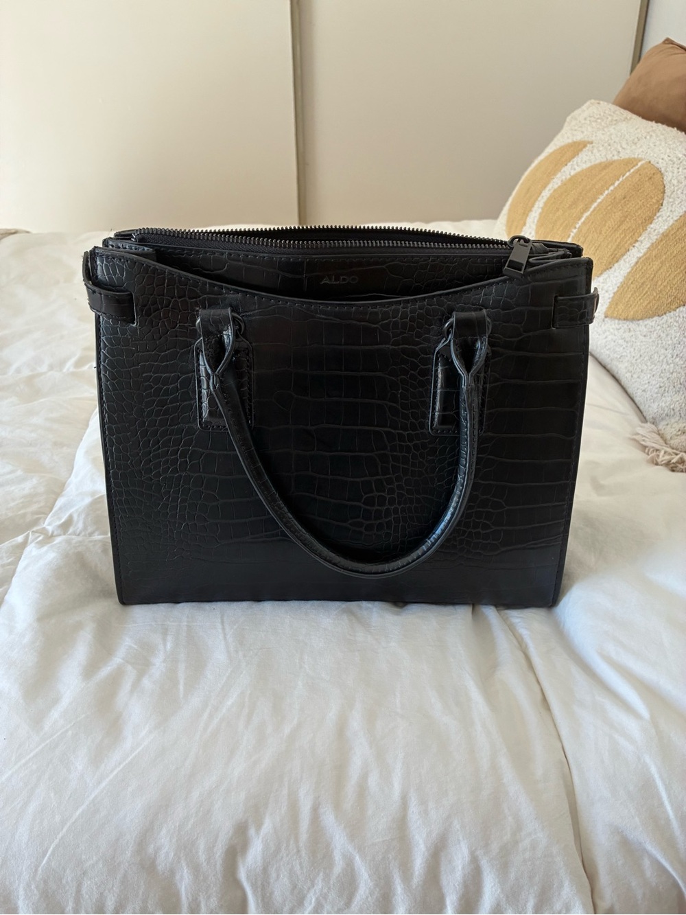 Aldo Black Croc-Embossed Structured Handbag